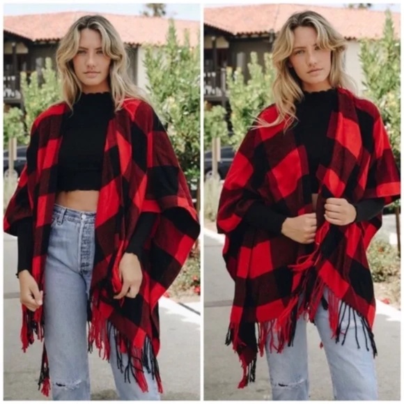 Red & Black Buffalo Plaid Poncho Sweater Wrap - Picture 1 of 5
